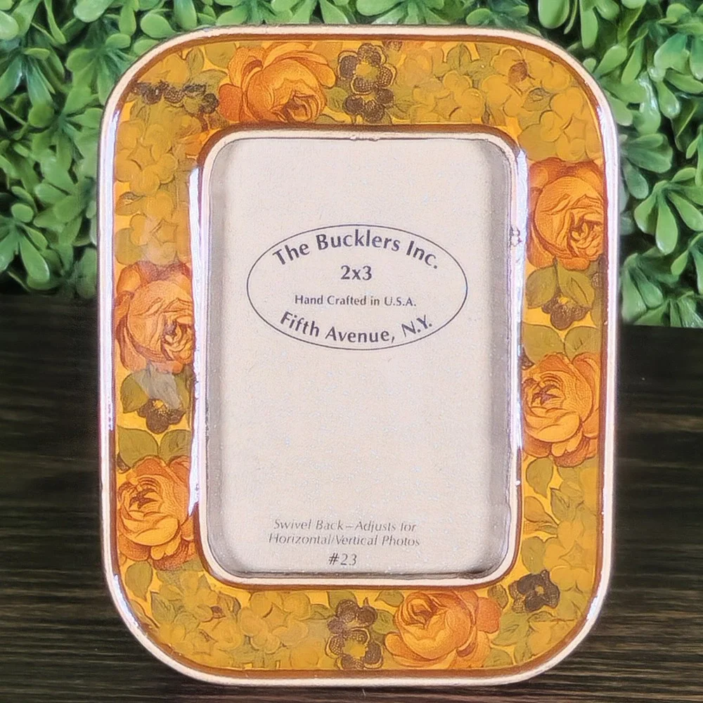 VTG Fifth Ave Bucklers Inc Floral Enamel 2x3 Pic Frame Yellow Orange Rose #23